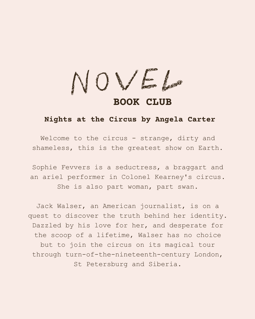 BOOK CLUB - 10:30 - 11:45 - Sunday 16th November - Nights at the Circus by Angela Carter